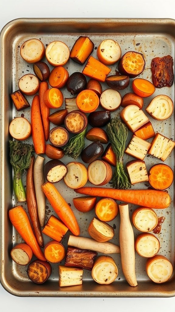 A tray of colorful roasted root vegetables including carrots, parsnips, and beets