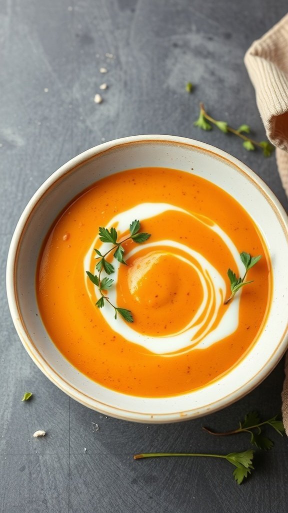A bowl of roasted sweet potato soup garnished with a swirl of cream and fresh herbs.