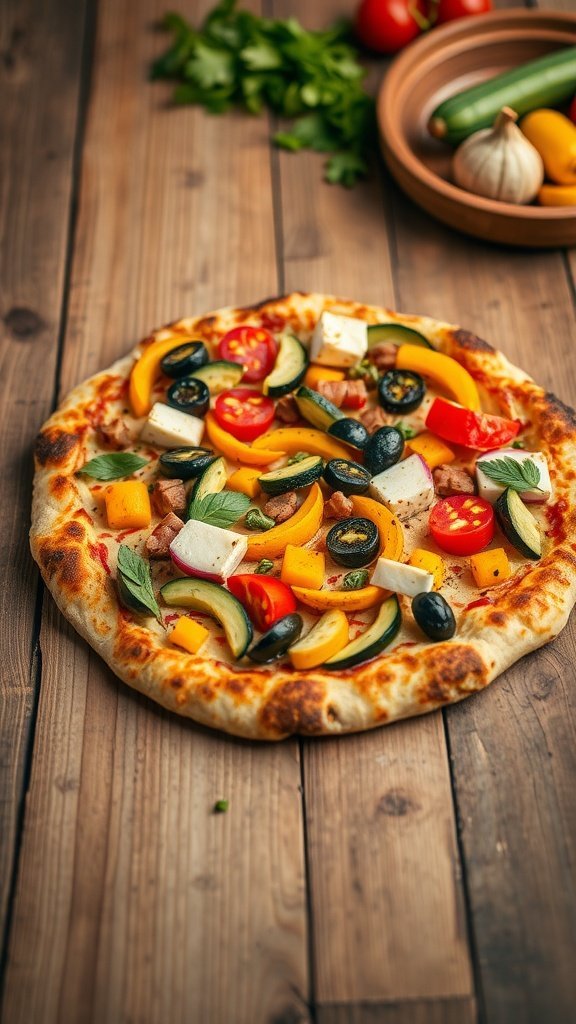 A freshly baked roasted veggie pizza topped with colorful vegetables like bell peppers, zucchini, and tomatoes on a wooden table.