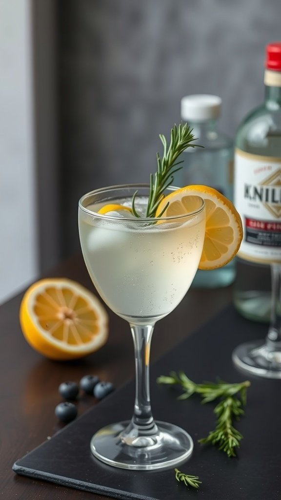 A stylish Rosemary Gin Fizz cocktail in a glass, garnished with lemon slices and rosemary sprig, with ingredients in the background.