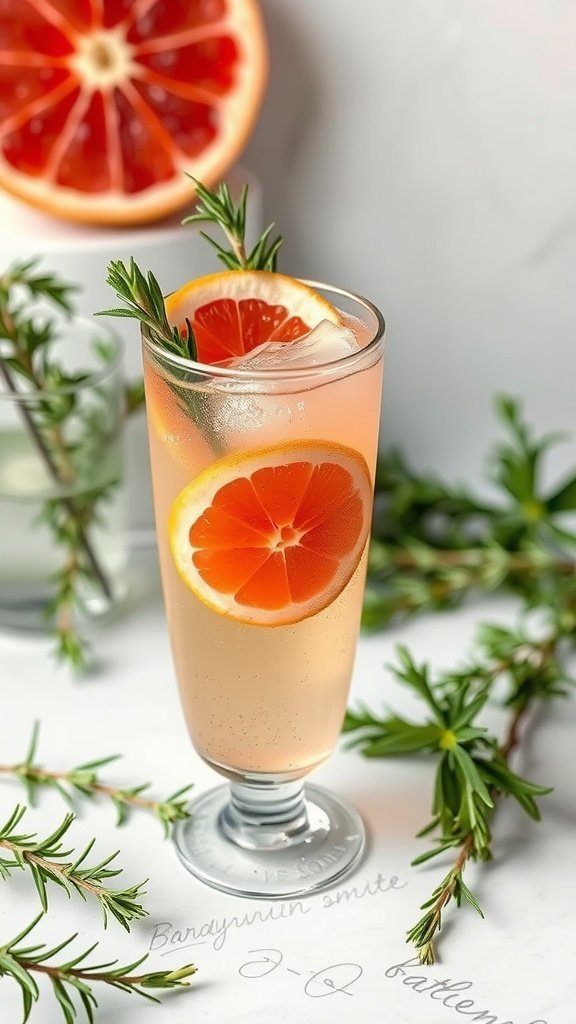 A refreshing Rosemary Grapefruit Spritz cocktail with grapefruit slices and rosemary sprig