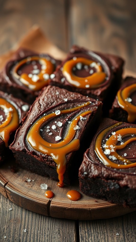 Delicious salted caramel brownie swirls on a wooden platter