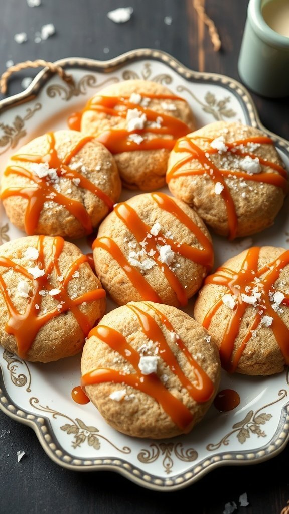 Plate of salted caramel cookies drizzled with caramel and sprinkled with salt.