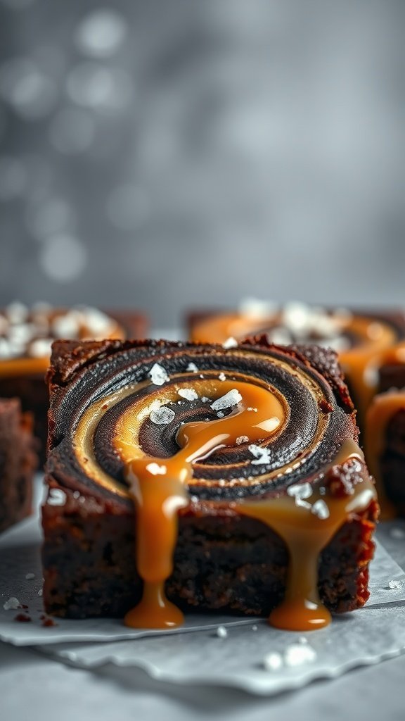 Delicious salted caramel swirl brownies with a glossy caramel drizzle and a sprinkle of sea salt