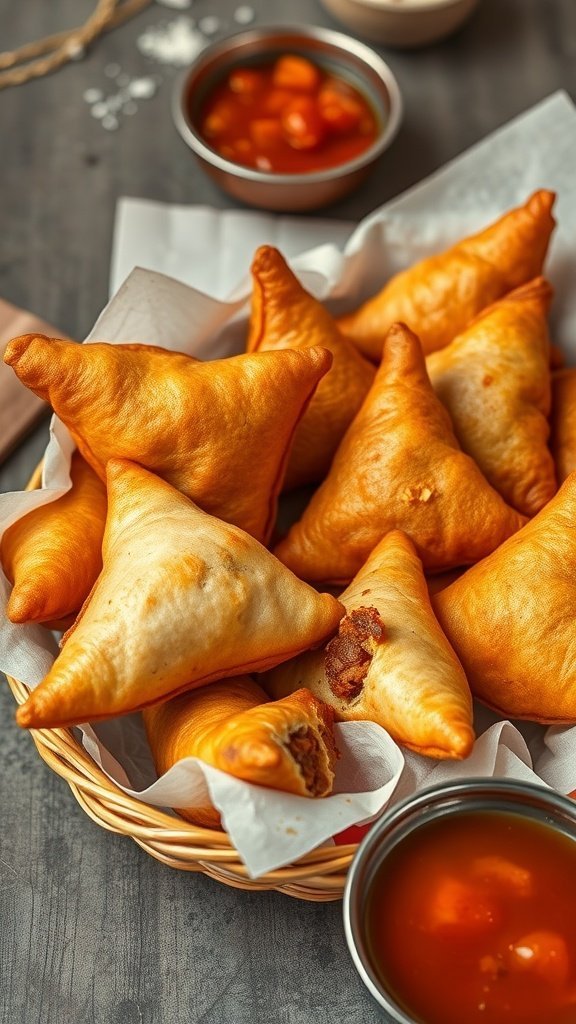 A basket filled with golden, crispy samosas served with a side of dipping sauce.