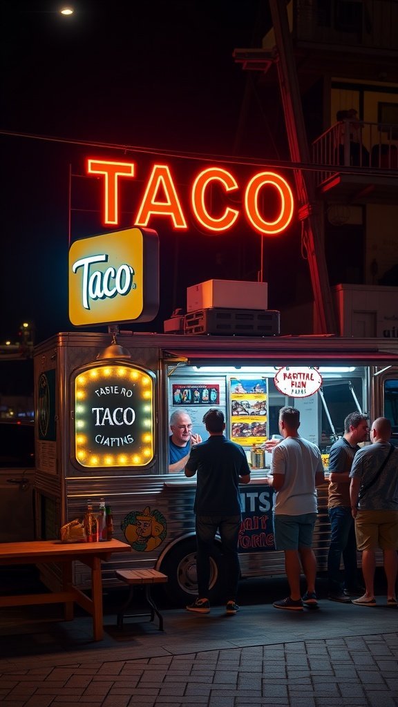A taco truck at night with neon lights, featuring people ordering tacos.