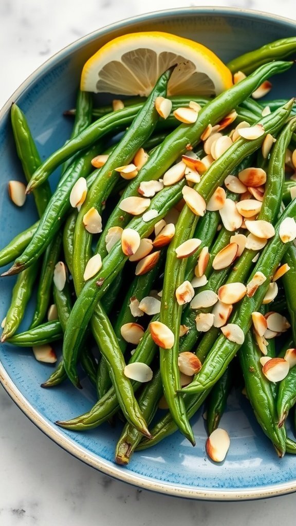 A bowl of sautéed green beans topped with sliced almonds and a lemon wedge.