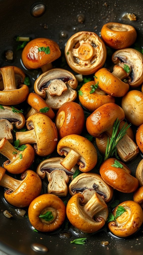 A pan of sautéed mushrooms with garlic and herbs.