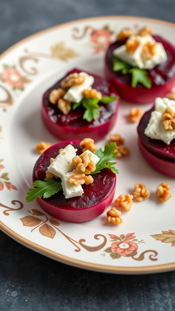 A plate of beet and goat cheese salad bites topped with walnuts and parsley