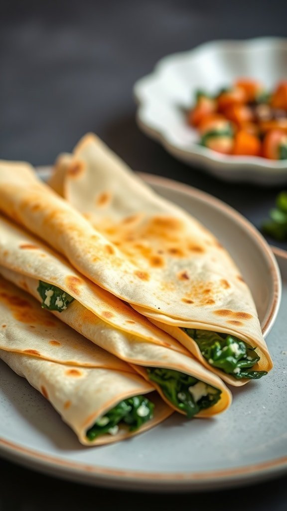 Three savory crepes filled with spinach, served on a plate with a side of vegetables.