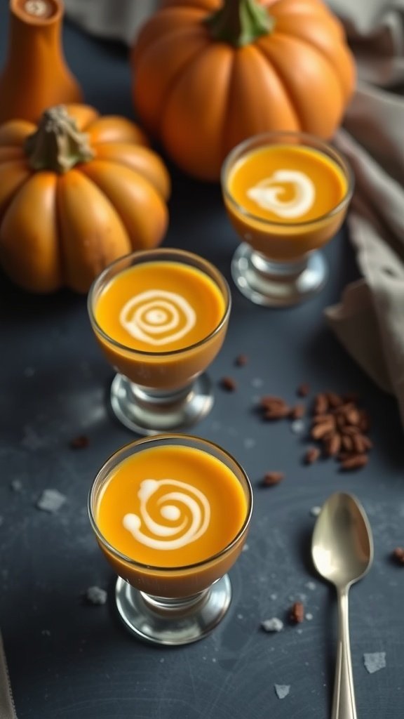Three small glasses of butternut squash soup with cream swirls, surrounded by pumpkins and decorative elements.