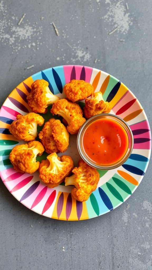 A plate of savory cauliflower bites with a spicy dip.