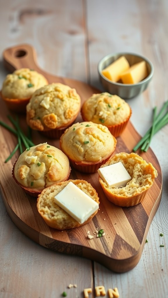 Savory cheddar and chive muffins on a wooden board with melted butter on one muffin
