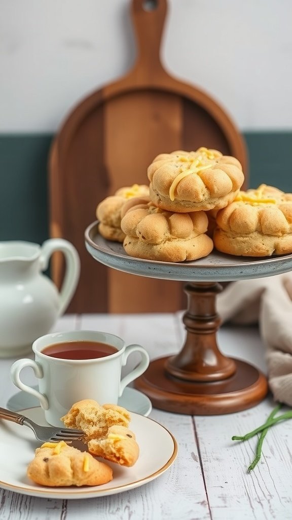 Savory cheddar and chive scones on a cake stand with a cup of tea and a plate on the side.