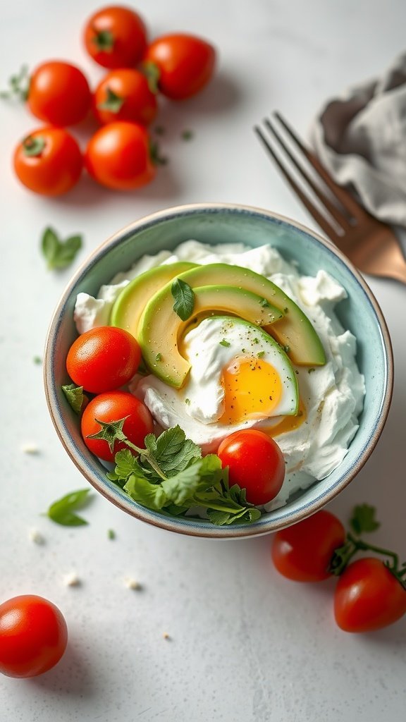 A savory cottage cheese breakfast bowl with cherry tomatoes, avocado slices, and a poached egg.