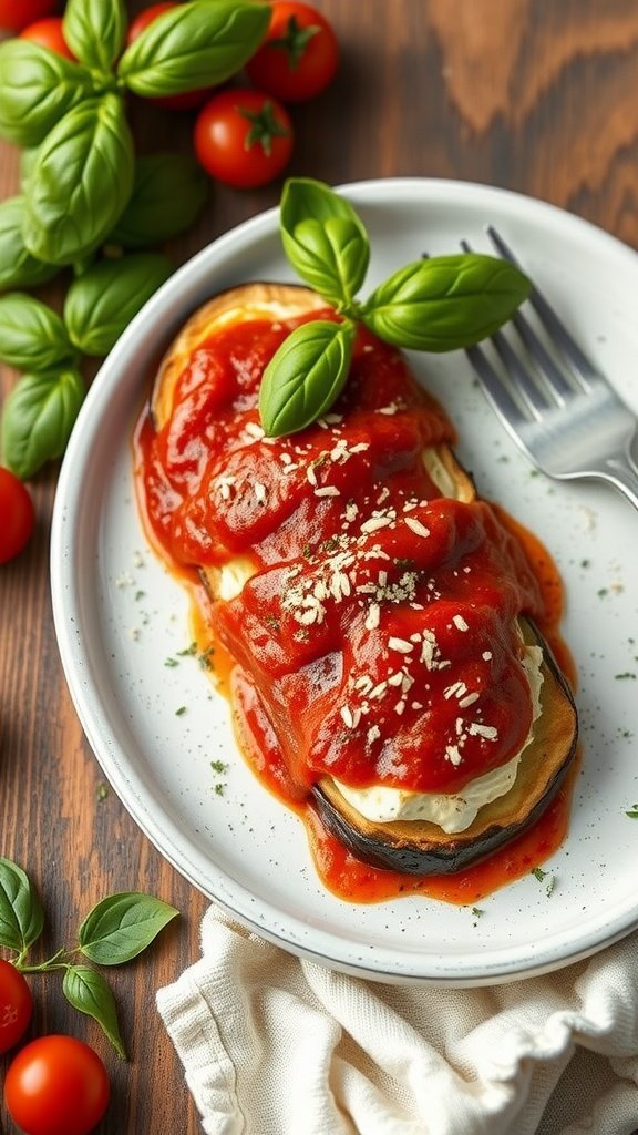 Plate of eggplant rollatini topped with marinara sauce and basil, with cherry tomatoes and fresh basil in the background