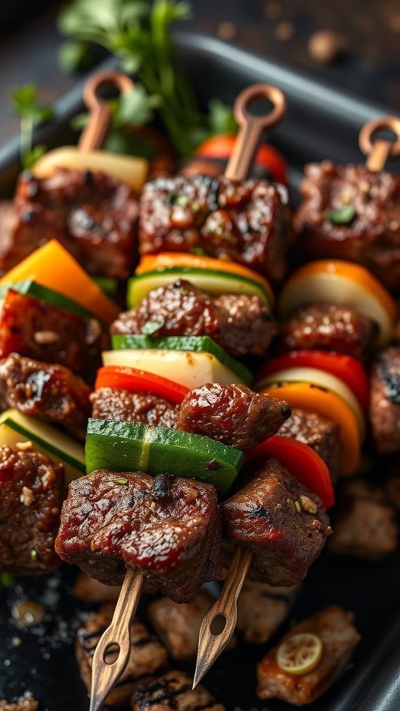 Grilled beef kebabs with colorful vegetables on skewers.
