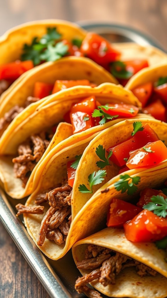 A platter of mini tacos filled with shredded meat and diced tomatoes, garnished with cilantro.