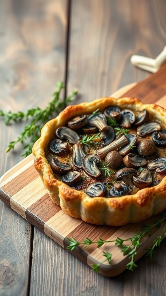 Savory mushroom and thyme tart on a wooden board