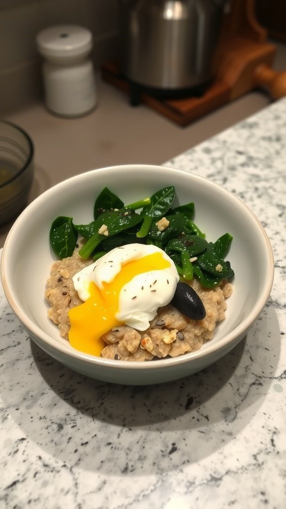 A bowl of savory oatmeal topped with spinach and a poached egg on a marble countertop.