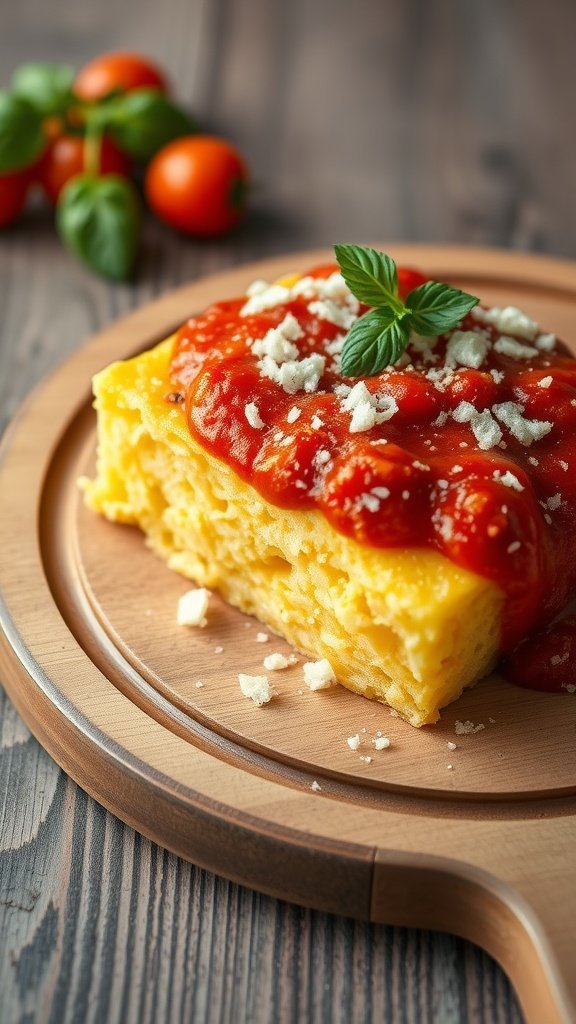 A dish of savory polenta topped with tomato sauce and garnished with fresh basil, served on a wooden plate.
