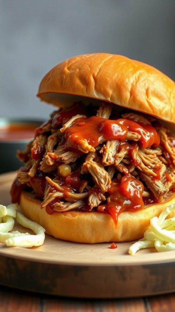 A pulled pork sandwich overflowing with shredded meat and barbecue sauce on a bun, served with coleslaw.