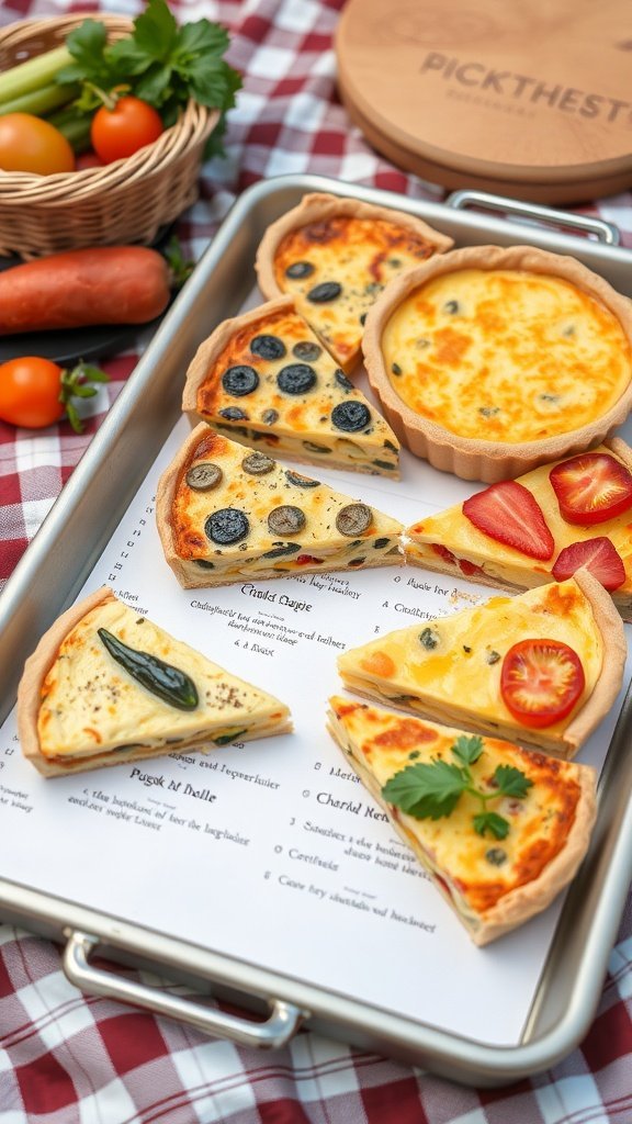 A tray of assorted savory quiche slices with vegetables and cheeses, alongside fresh ingredients.