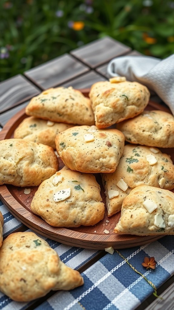 A wooden platter with freshly baked savory scones, topped with cheese and herbs, on a picnic blanket.