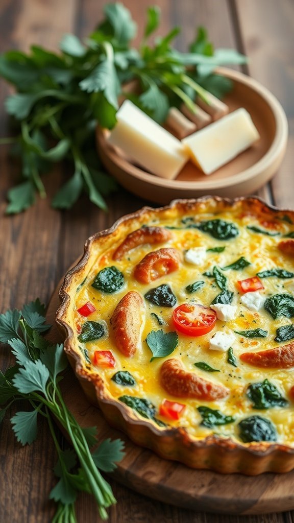 A colorful spinach and feta frittata in a round dish, garnished with parsley and surrounded by fresh ingredients.