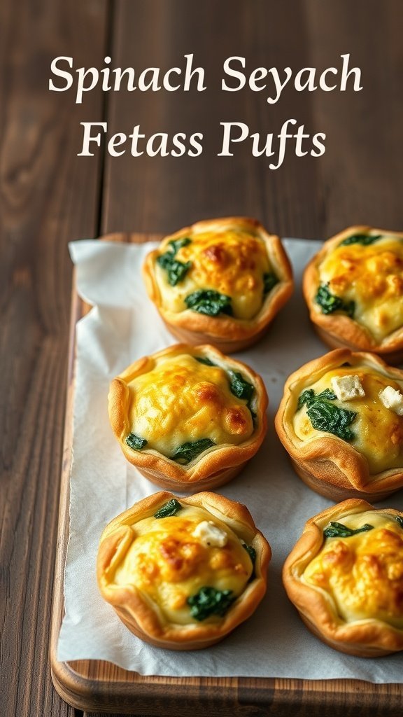 A platter of fresh spinach and feta puffs, arranged neatly on a wooden board.
