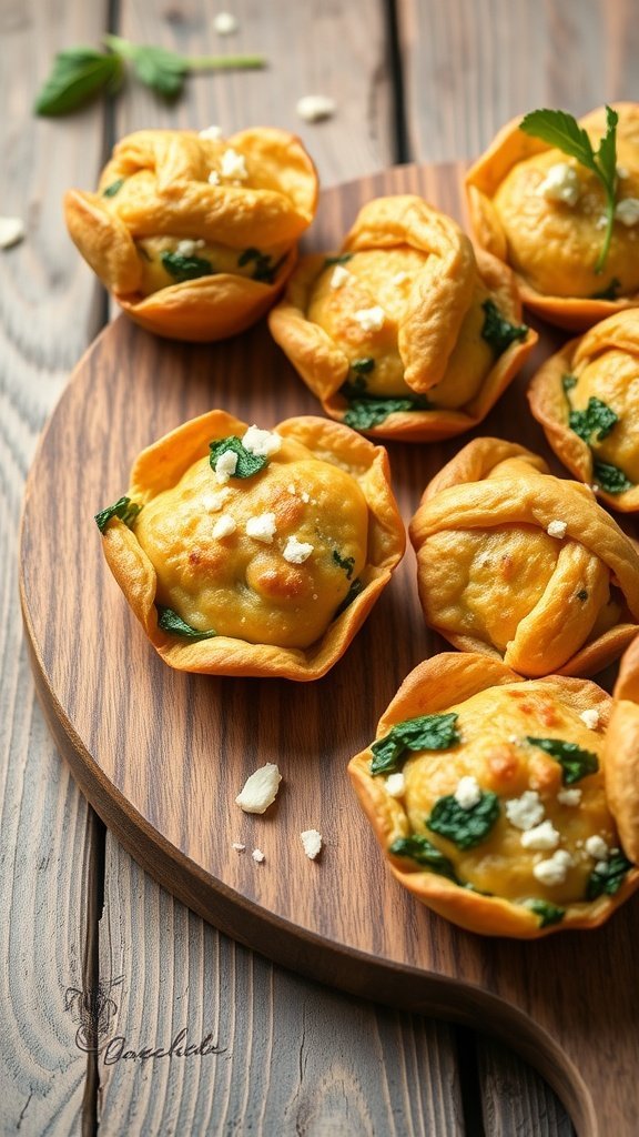 Golden spinach and feta puffs on a wooden platter, garnished with fresh mint.