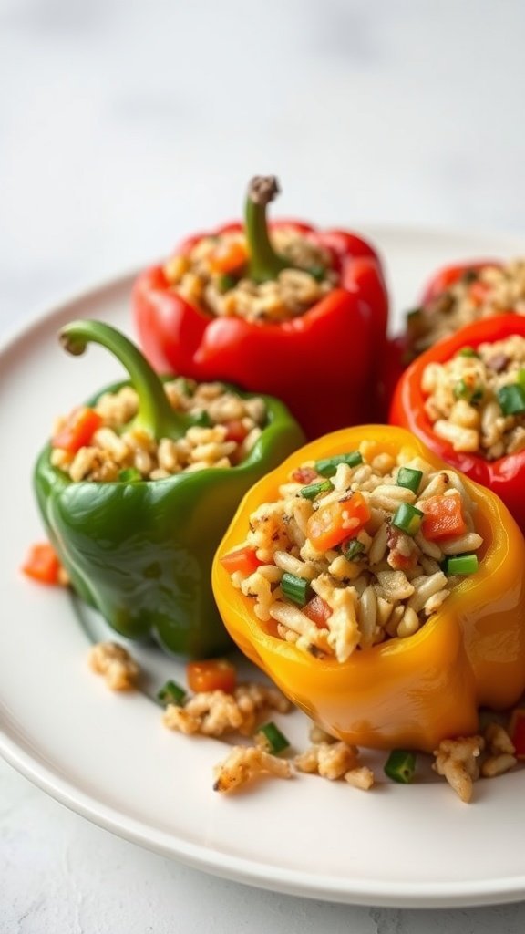 Colorful stuffed bell peppers filled with rice and vegetables on a plate