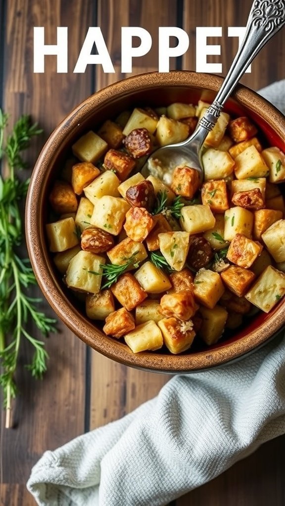 A bowl of savory stuffing with sage, featuring crispy cubes and garnished with herbs.