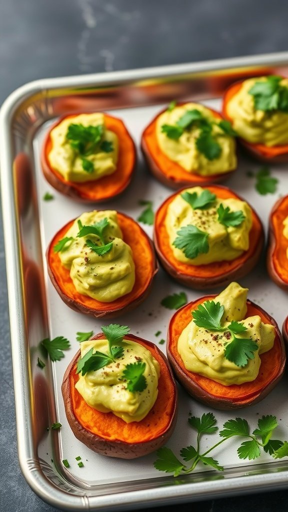 A tray of sweet potato bites topped with avocado and garnished with cilantro.