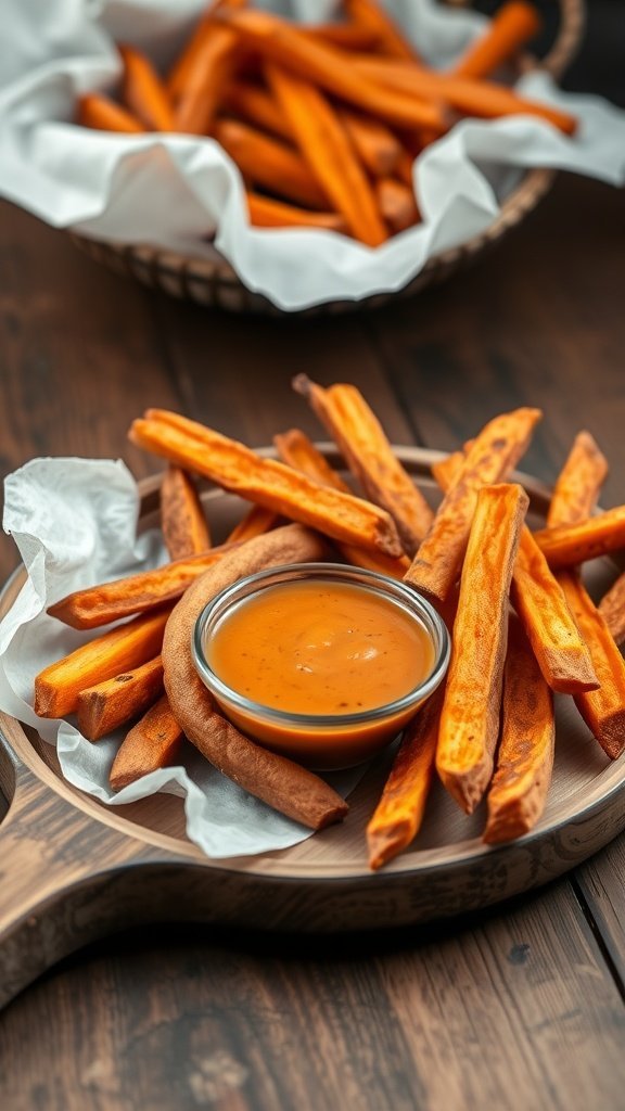 A wooden platter with crispy sweet potato fries and a creamy dipping sauce.