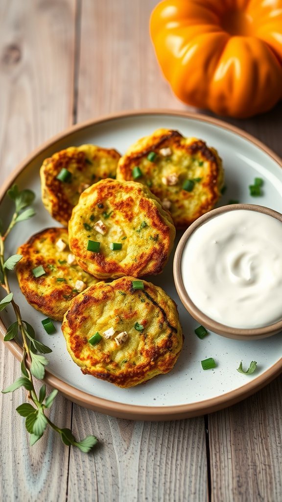 Plate of golden zucchini fritters with a bowl of dip and a pumpkin in the background