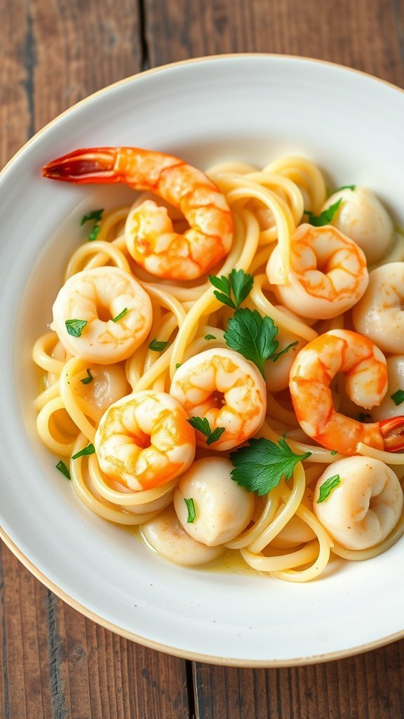 A plate of seafood gnocchi with shrimp and scallops in a lemon butter sauce.