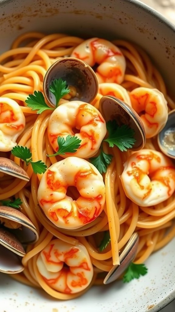 A bowl of seafood spaghetti with shrimp and clams, garnished with cilantro.