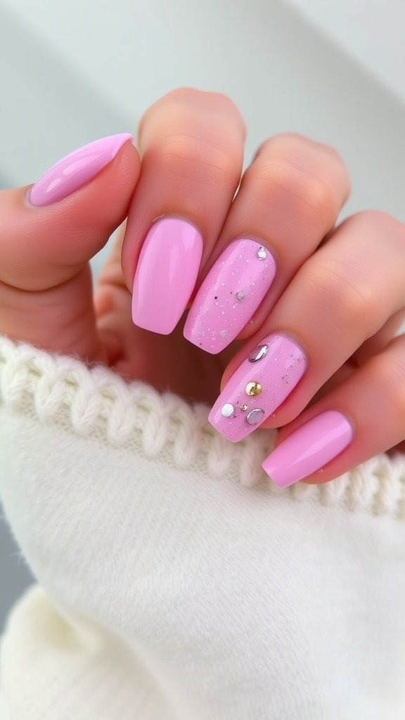 A stylish hand with pink nails, showcasing various nail designs and textures.