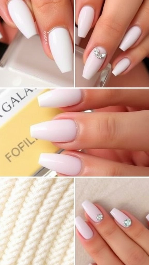 A collage of white nail designs showcasing various styles and finishes.