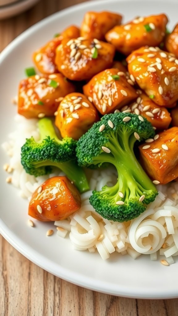 A plate of sesame chicken with broccoli served over noodles