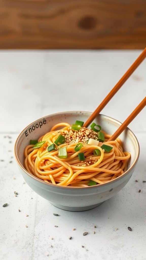 A bowl of sesame ginger noodles topped with green onions and sesame seeds, served with chopsticks.