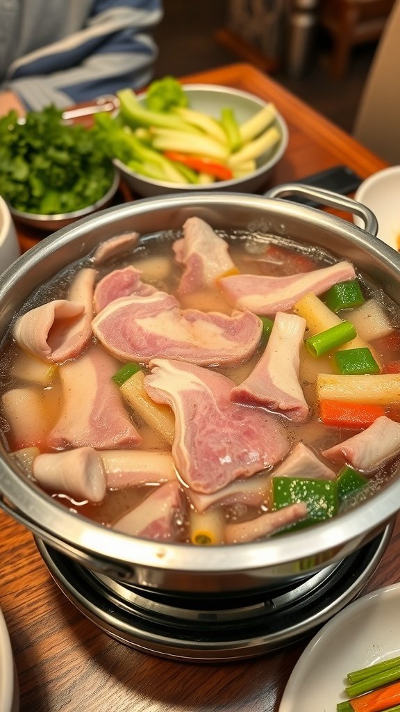 A hot pot of shabu-shabu with thinly sliced pork and vegetables