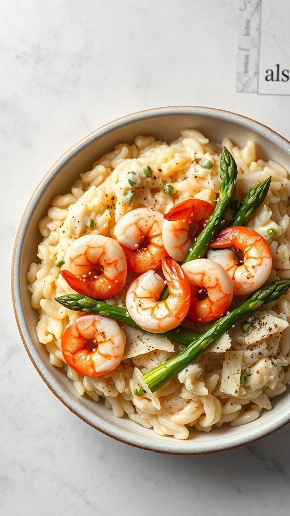 A bowl of shrimp and asparagus risotto topped with Parmesan cheese and black pepper.