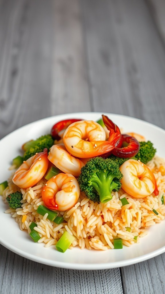 A plate of shrimp and broccoli stir-fried rice, featuring pink shrimp, bright green broccoli, and colorful bell peppers on a bed of rice.