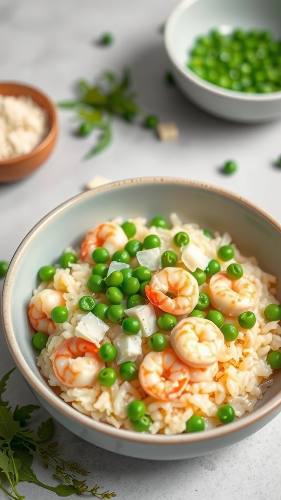 A bowl of Shrimp and Peas Risotto topped with green peas and shrimp