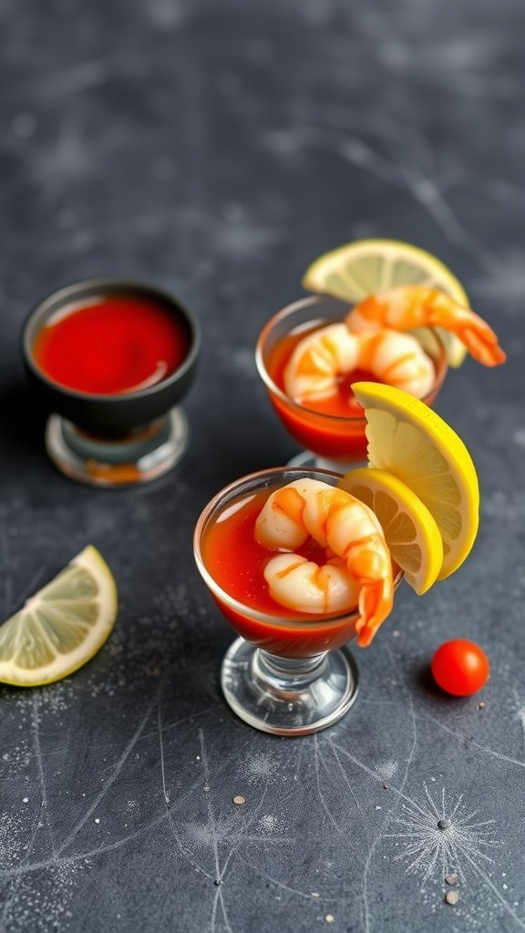 Shrimp cocktail shots with lemon wedges and cocktail sauce