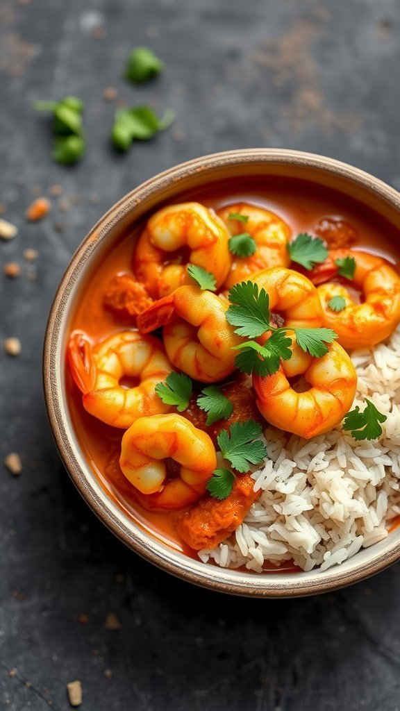 A bowl of shrimp curry with basmati rice, garnished with fresh cilantro.