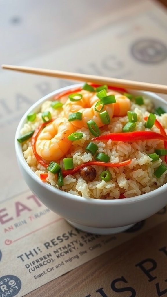 A bowl of shrimp fried rice with vegetables, featuring shrimp, red bell peppers, and green onions.