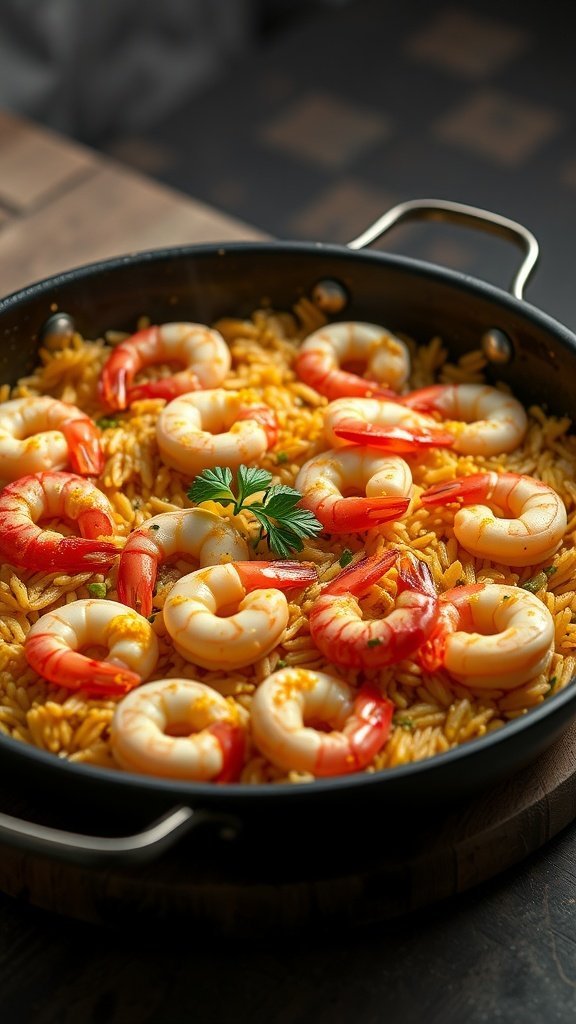 A colorful pot of shrimp paella with saffron rice, featuring large shrimp and a sprinkle of herbs on top.